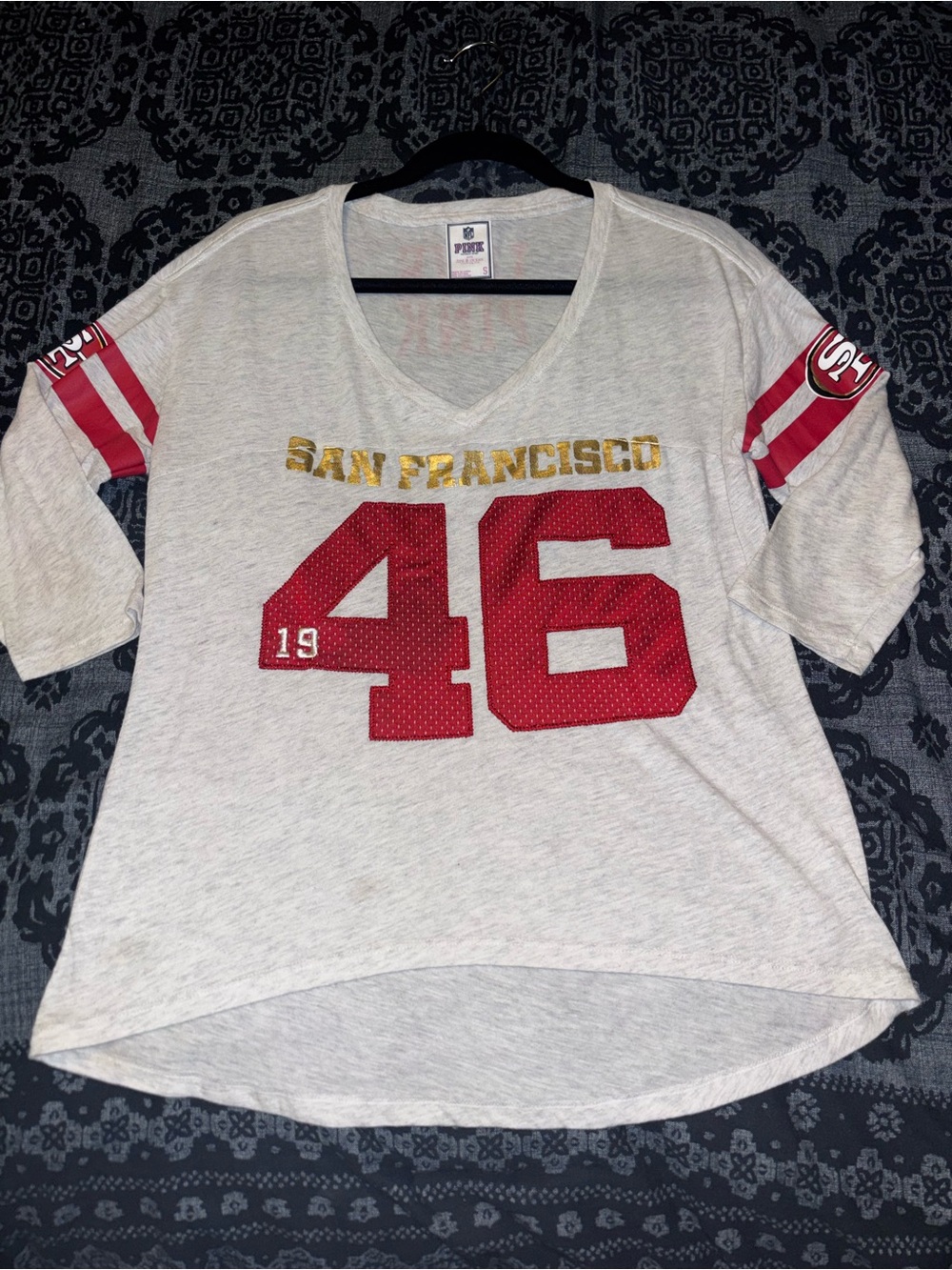 PINK Victoria's Secret SF 46 V-Neck Football Top - White/Red w BONUS GIFT